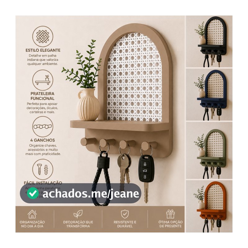 Porta Chaves Decorativo De Parede Com Prateleira Estilo Palha Indiana Varias Cores.