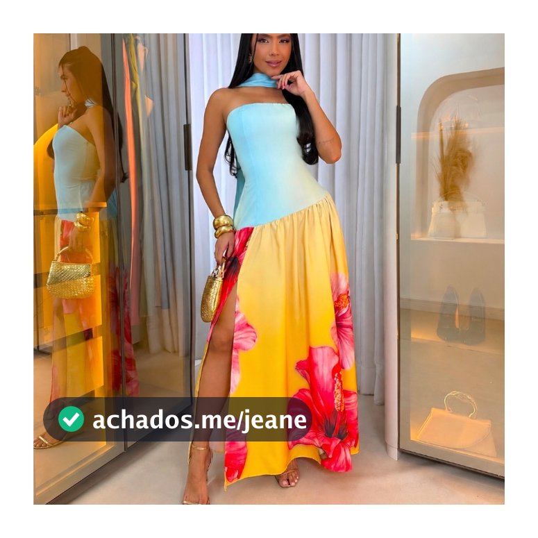 Vestido Longo Floral Elegance com Fenda Lateral e Lenço no Pescoço