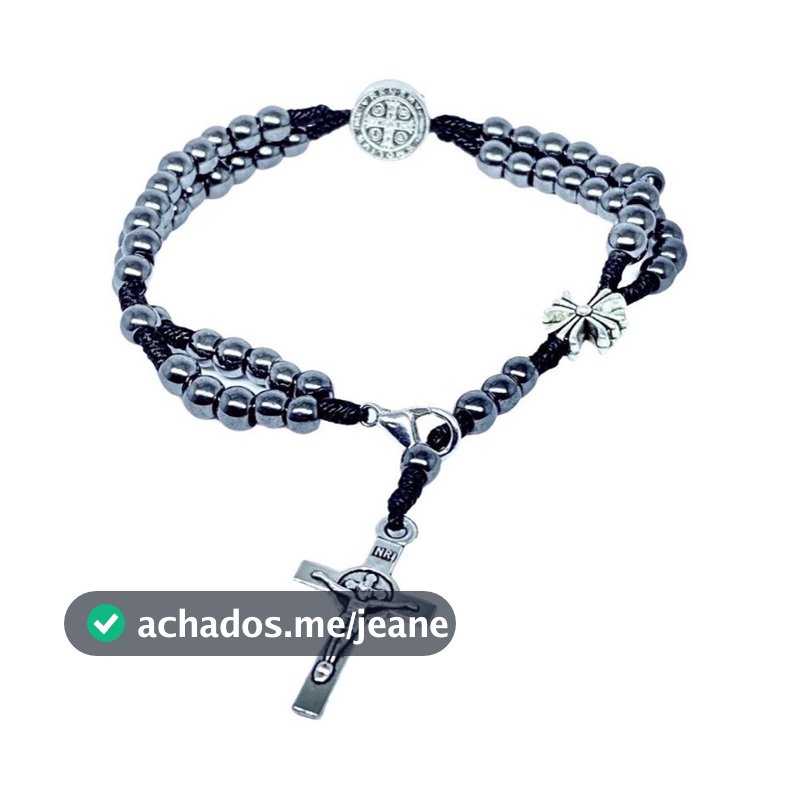 Terço Pulseira São Bento - Hematita e aço inox