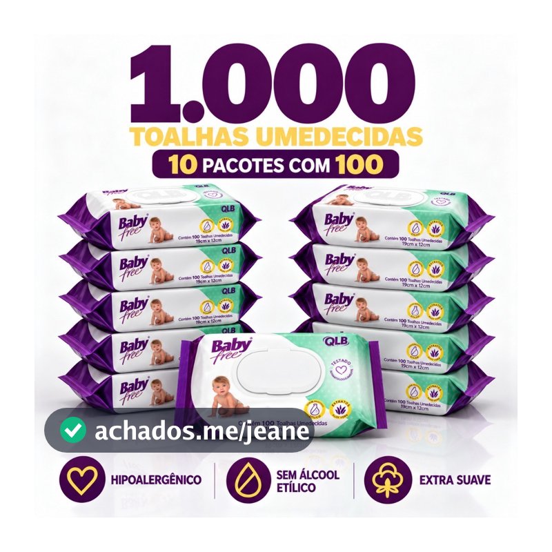 Caixa com 10 Lenços/Toalhas Umedecidas Baby Free c/ 100 Unidades Cada- Sem Tampa Flip Top