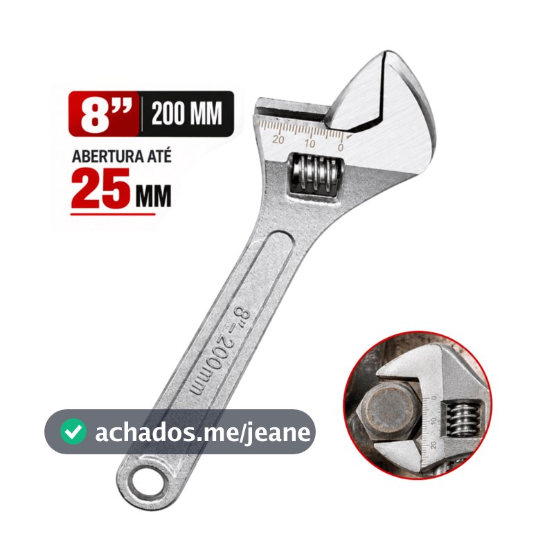 Chave Inglesa Ajustável 8 Polegadas 200mm Aço Carbono Abertura Até 25mm