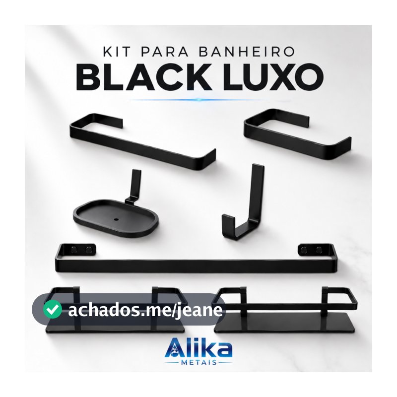 Kit 7 Acessórios Quadra Preto Luxo Completo + 2 Porta Shampo Reto Para Banheiro E Lavabo