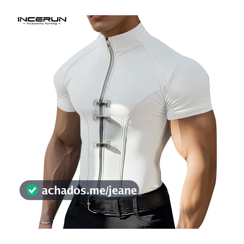 INCERUN Camisetas Masculinas Vintage Punk Rock Estilo Gola Alta Com Botões De Metal Decoram Zíper