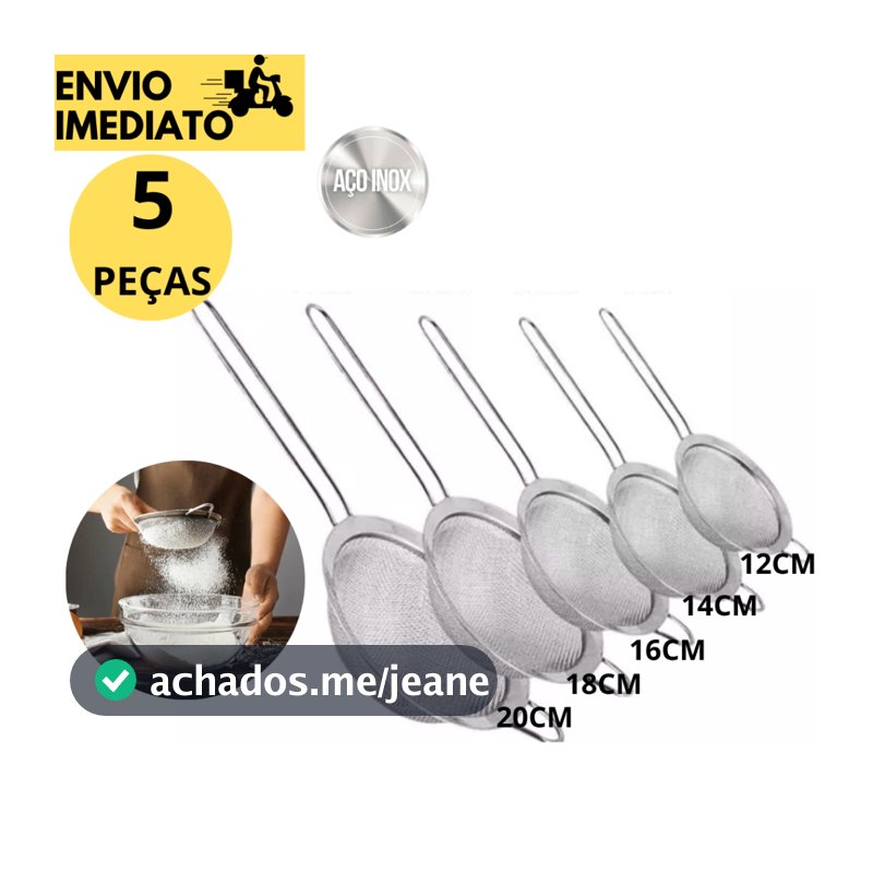 5 Un Peneira em Inox Coador em Aço Inoxidável para Cozinha com Alça p/ Pendurar 12,14,16,18 e 20 cm uso em Cozinhas Hote