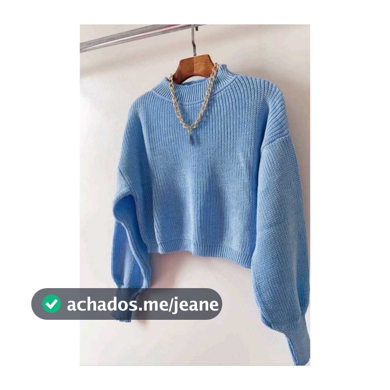 Blusa Cropped Tricot  Feminina Ponto Fang Manga Bufante Gola alta Redonda  Inverno