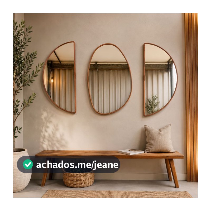 Kit 3 Espelhos Decorativos 2 Meia Lua 60x30 + 1 Orgânico 60x40 Moldura Couro + Suporte Sala Quarto Banheiro Hall