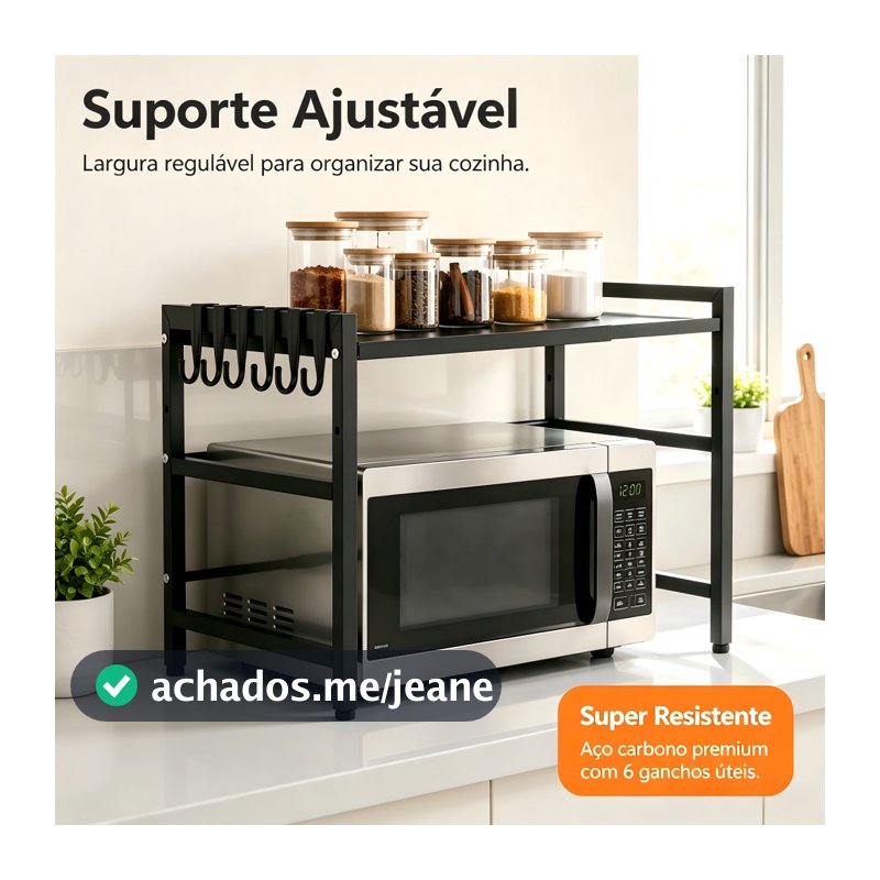 Prateleira Ajustável Para Microondas Aço Carbono, Suporte Cozinha Multiuso Largura Expansível Com Ganchos