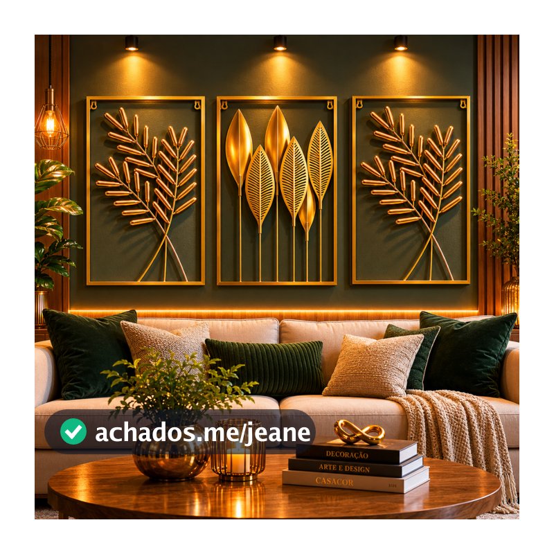 Kit 3 Quadros Decorativos Grande Luxo Dourado com Flores e Plantas para Sala Quarto e Escritório