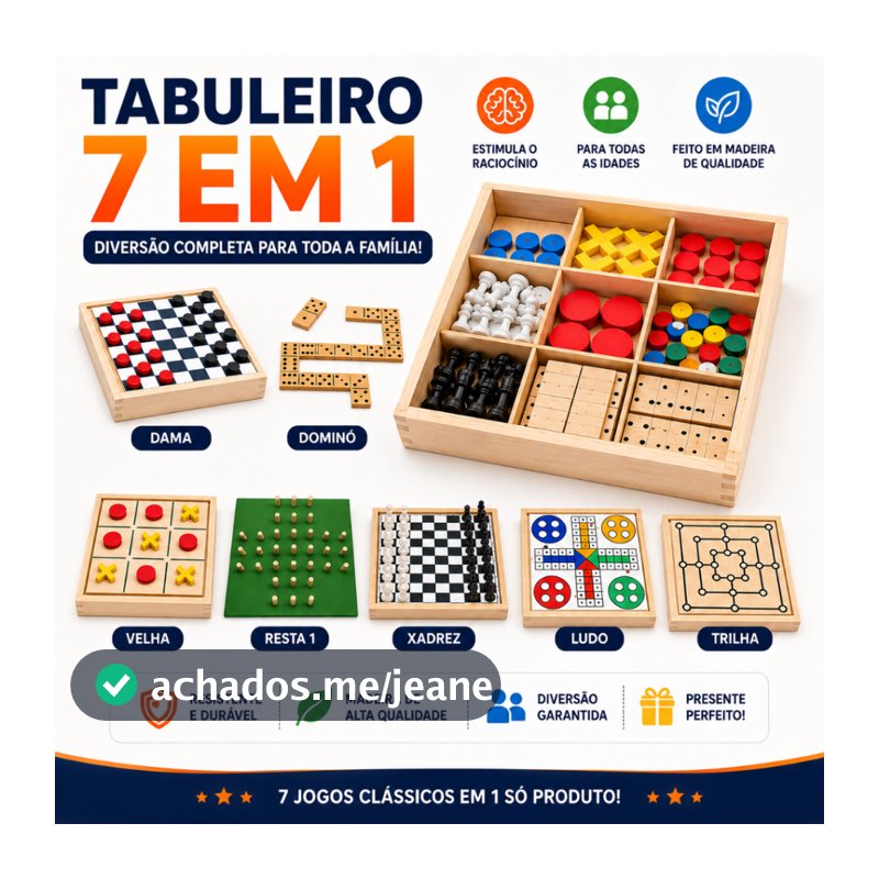 Jogos de Tabuleiro 7 em 1 – Inclui Dama, Dominó, Ludo, Trilha, Jogo da Velha, Xadrez e Resta Um