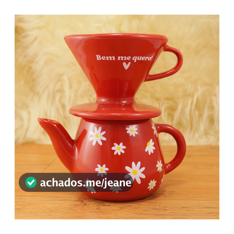 Kit Bule 500 ml com Coador Filtro de Porcelana  Café Chá  – Vermelho Bem me quero Margaridas