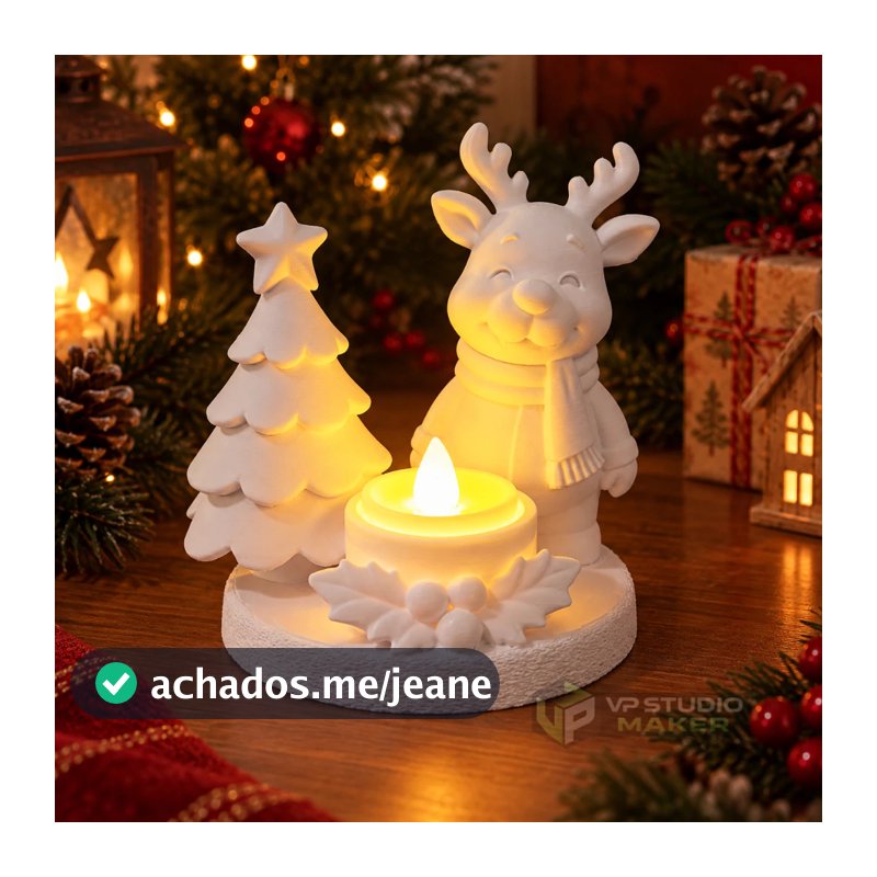 Luminária De Natal Rena Com Árvore E Vela Led 12cm