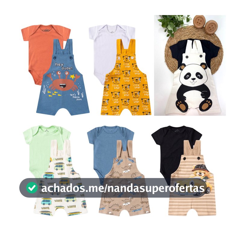 Kit 3 Conjuntos 6 Peças Jardineira Bebê Menino Verão Manga Curta Body/Jardineira