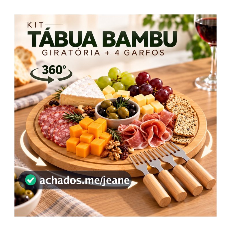 Petisqueira Giratória Bambu 28cm Tábua Frios Bandeja Petiscos Mesa Posta Café da Manhã 360 Cozinha Decoração