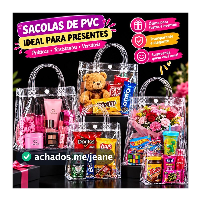KIT 10/20/30/40/50 Sacolas de Presente PVC Transparente Reutilizáveis Para Festas e Lembrancinhas