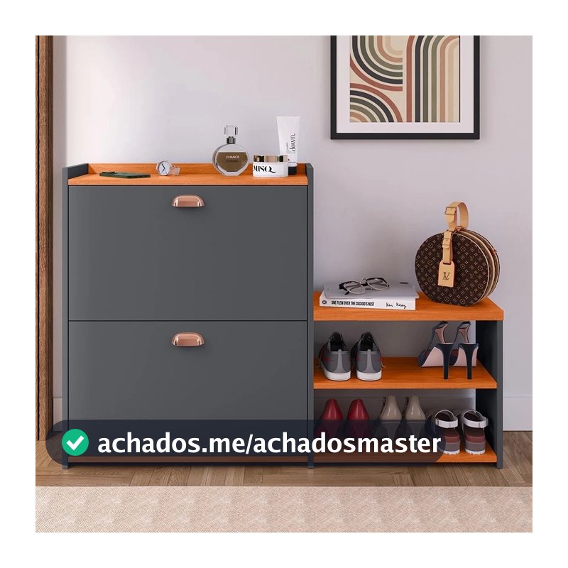 Sapateira Hall Entrada 2 Gaveta Puxador Banquinho Prateleira Porta Sapatos Sala Quarto Milano Cinza