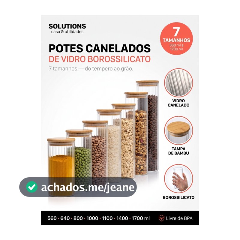 Kit Completo 7 Pote de Vidro Hermetico Canelado Tampa Madeira Bambu Organizador de Cozinha