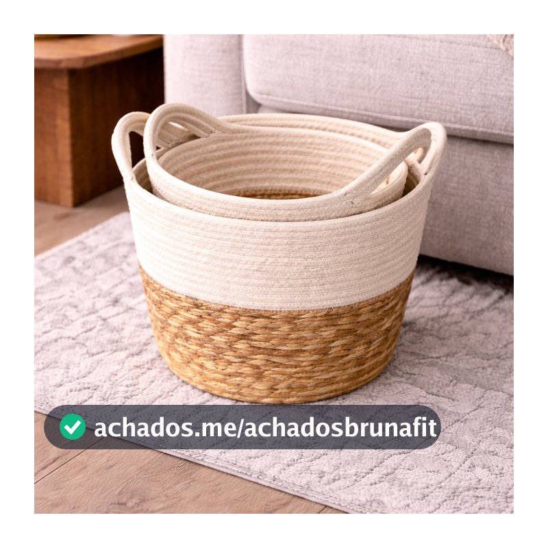 Cesto Decorativo Organizador Fibra Natural Bicolor C/ Alça Estilo Boho Sala Quarto Banheiro