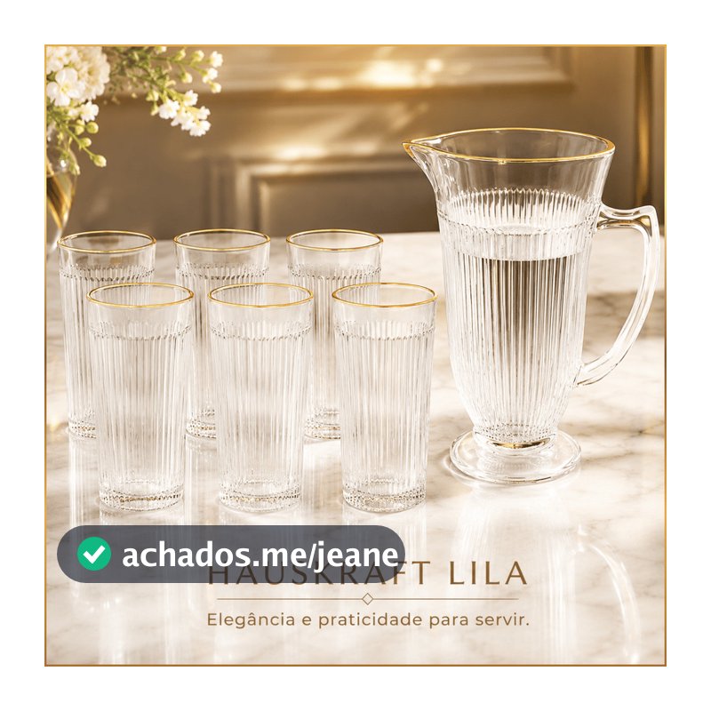 Conjunto Com Jarra E 6 Copos Em Vidro Lila - Borda Dourada