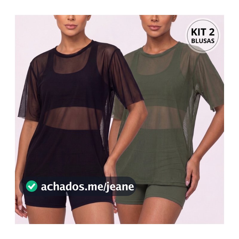 Kit 2 Blusa Feminina Transparente de Tule Manga Curta Blusão Academia Treino Fitness