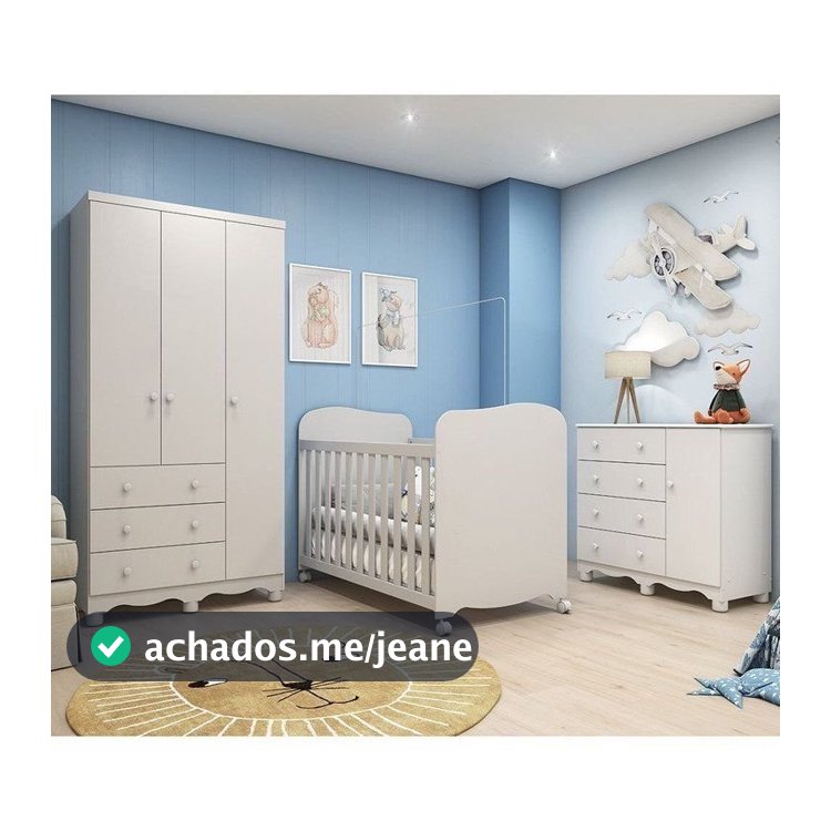 Quarto de Bebê Completo Berço Guarda Roupa 3 Portas e Cômoda 100% MDF Mimo Espresso Móveis Branco Branco Brilho