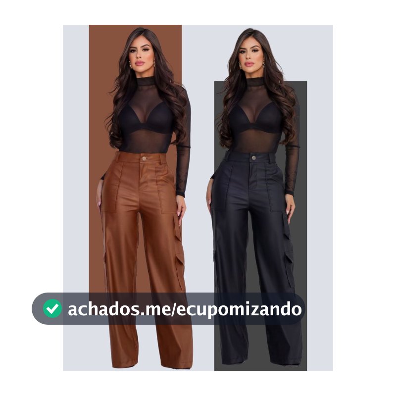 Calça Pantalona Wide Leg Reta Cargo Couro Fake Cintura Alta Moda Gringa Bolso Lateral