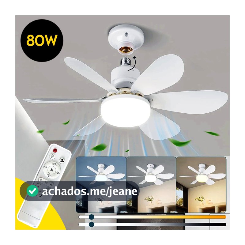 Ventilador de Teto Lâmpada E27 Silencioso 52cm Bivolt 2 em 1 80W Controle Remoto PREMIUM