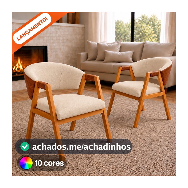 Kit 2 Poltronas Hellen Suellen Decorativa Para Sala Linho Courino Pés de Madeira Aninha Poltronas