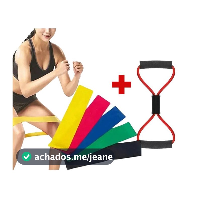 Kit Mini Band 5 Faixas Elásticas + Elástico 8 para Treino de Tensão Muscular