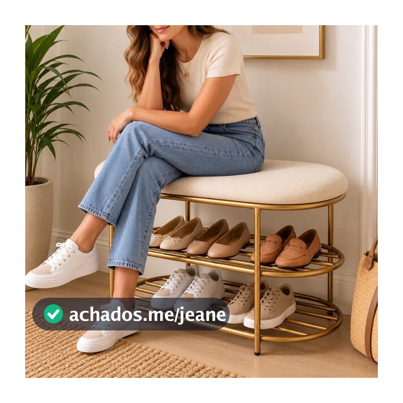 Sapateira Banco 2 Andares Dourada Design Moderno Organizador de Sapatos com Assento Estofado Hall