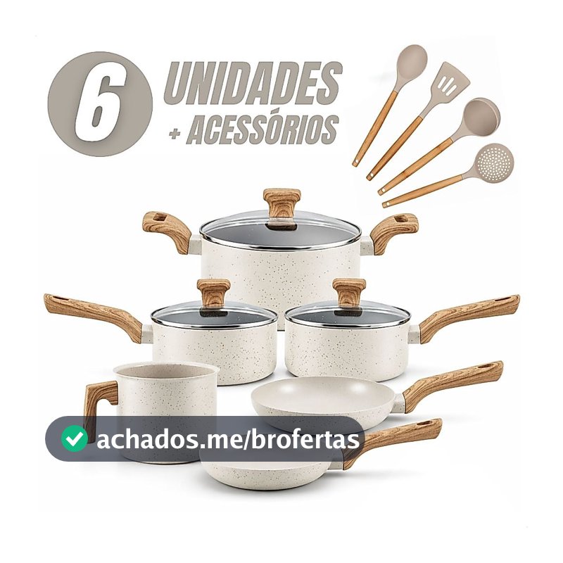 Jogo de Panelas 6 Peças Antiaderentes com Tampa de Vidro Temperada com 4 Utensílios de Cozinha