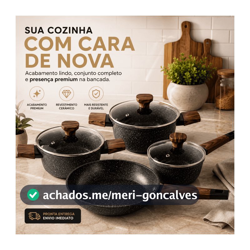 Jogo de Panelas Revestimento em Cerâmica por Indução ou Gás Antiaderente 4/5 Peças Tampa Vidro Carvalho com INMETRO