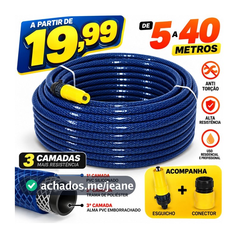 Mangueira de Jardim Trançada 3 Camadas de 05 a 40 Metros Pronta para Uso.