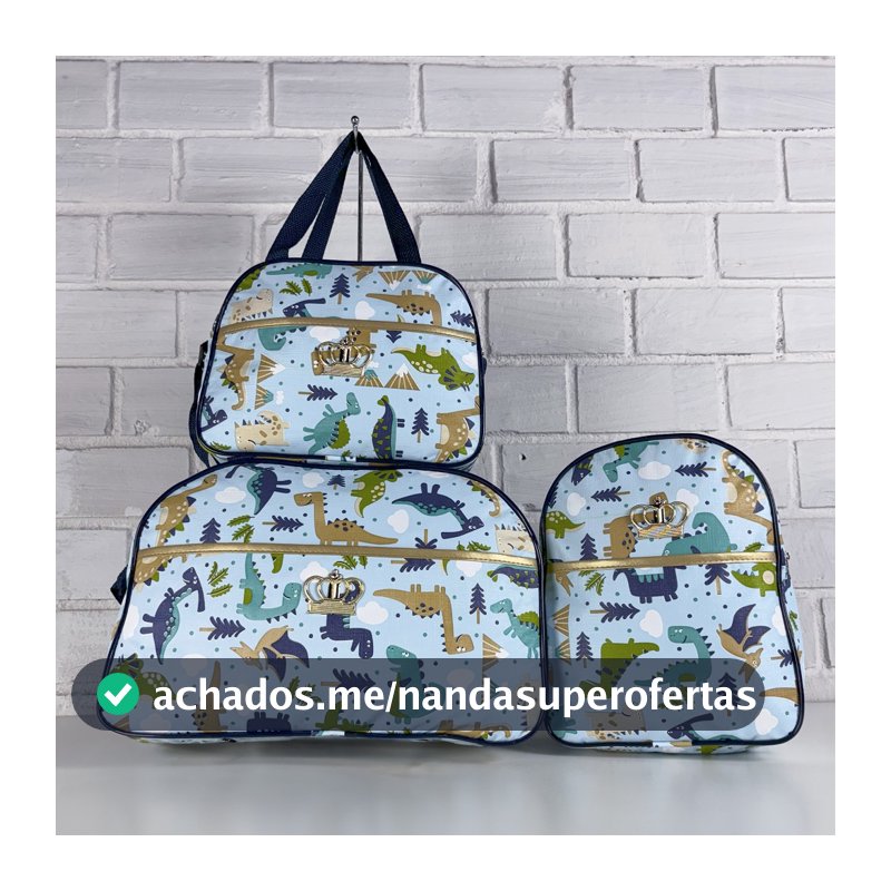Kit Mala Maternidade 3 Peças Menino Dinossauro Mala Grande, Mala Média e Mochila Impermeável Enxoval Saída Maternidade