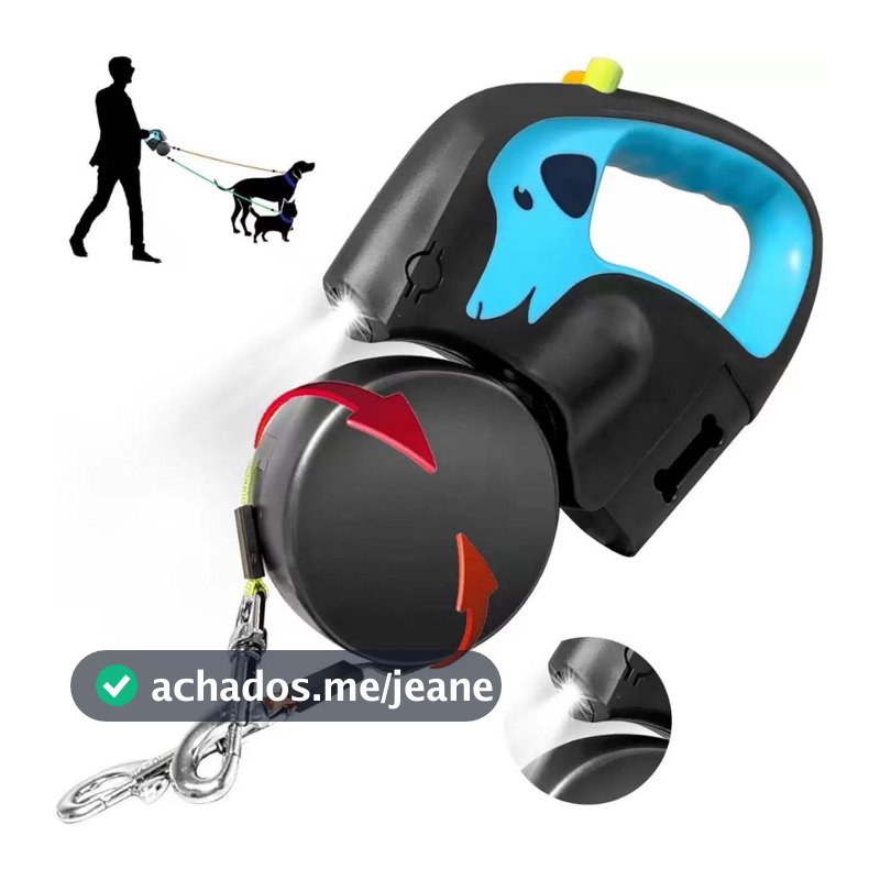 Guia Dupla Retrátil p/ 2 Cães | c/ Saquinhos | Trava Fácil | Nylon | Anti-Enrosco | 360°