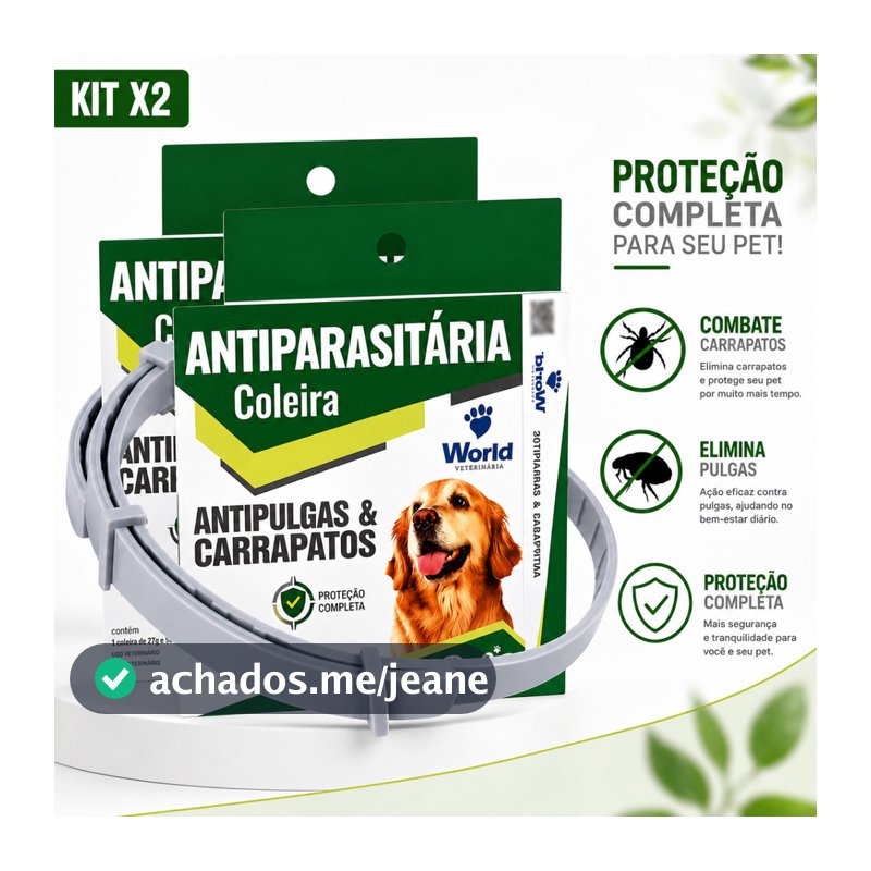 Kit 2 Coleiras Contra Pulgas e Carrapatos Antiparasitária Dugs Para Cães World Confortável Ajustável