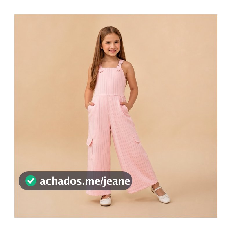 Macacão Infantil Menina Pantacourt Risca de Giz com Bolsos Cargo | Tamanhos 4 ao 14