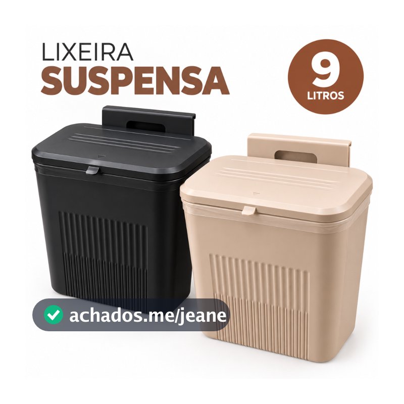 Lixeira Suspensa 9 Litros com Tampa para Cozinha Banheiro Quarto Suporte Adesivo e Alça para Pendurar Preto ou Rosé