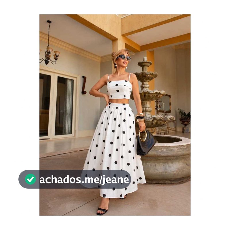 Conjunto Feminino 2 Peças Top Cropped de Alça e Saia Midi Evasê Rodada Poá Estilo Francês Vintage Verão
