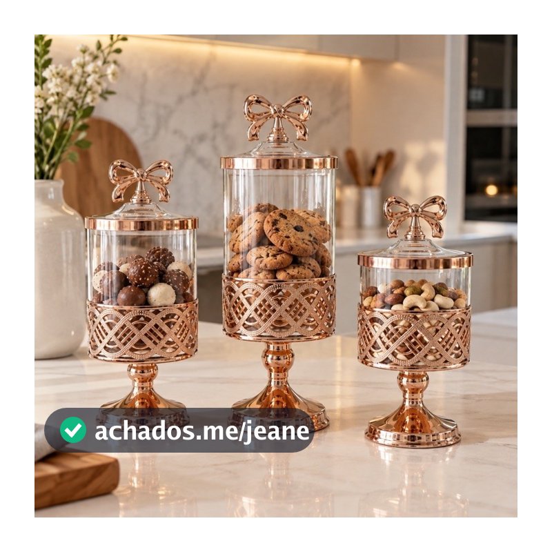 Pote Decorativo Alto com Laço, Pé e Tampa em Acrílico Rose Gold para Doces e Mantimentos