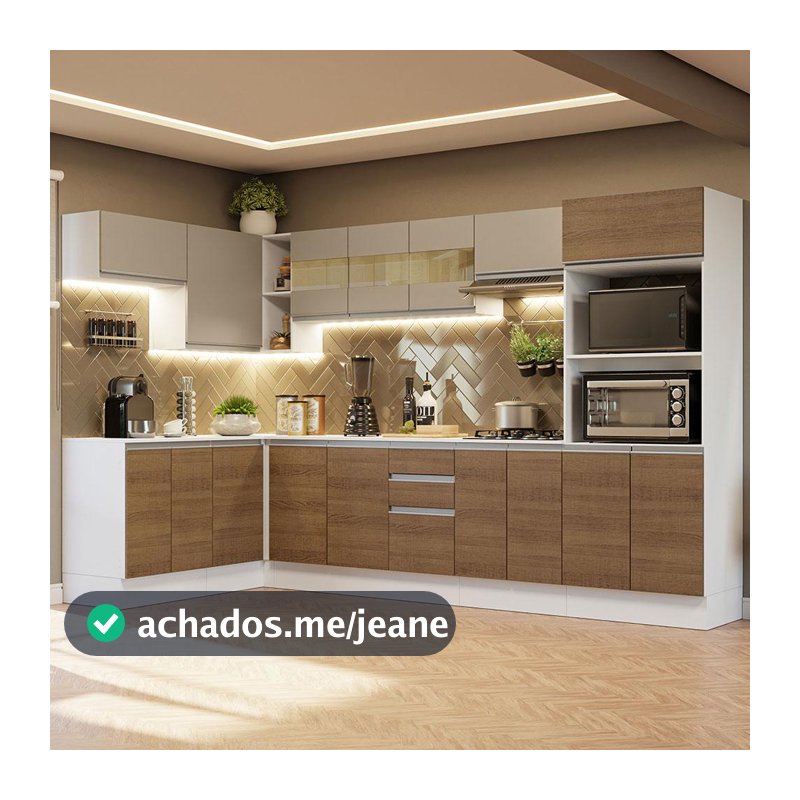 Armário de Cozinha Completa de Canto 100% MDF 447cm Branco/Rustic/Crema Smart Madesa 02