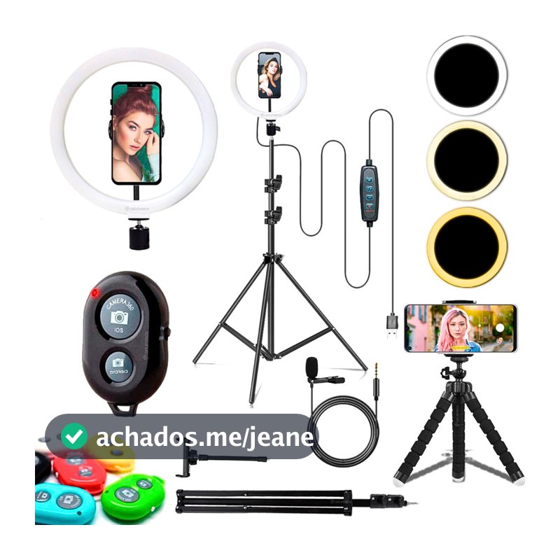 Kit Youtuber Com Tripe 2.10m Iluminador Ring Light Celular Ring Light Microfone Lapela