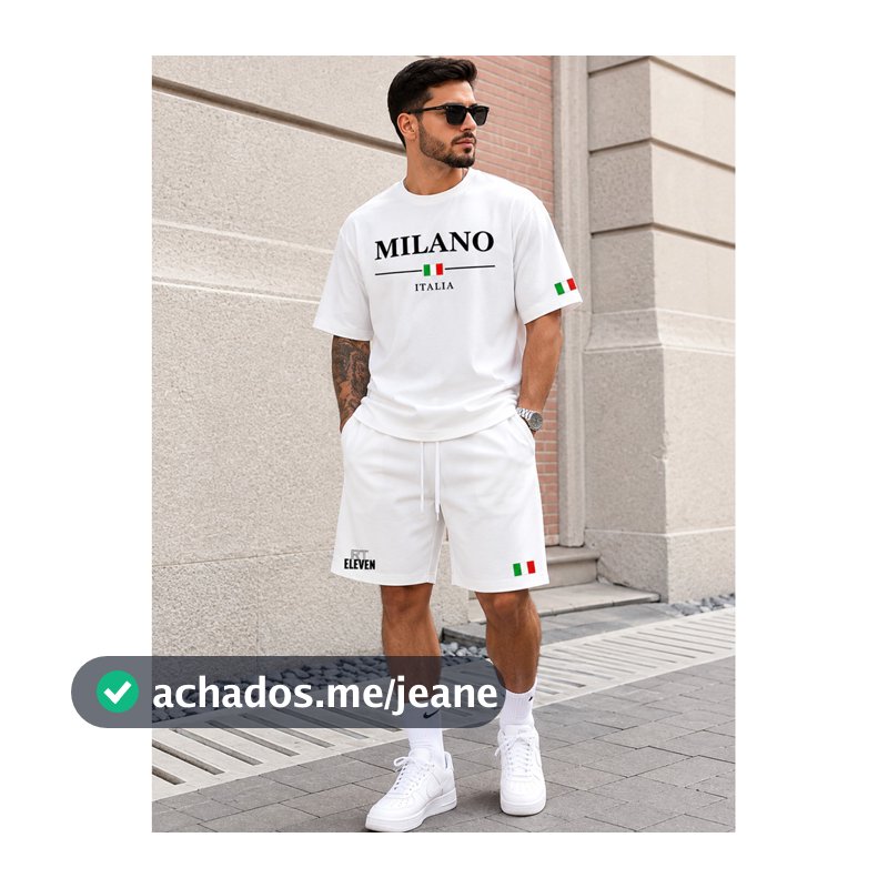 Conjunto Camiseta + Short Moletom Estampado Milano Itália Street Camiseta Malha Linha Premium + Short Mauricinho RT Elev