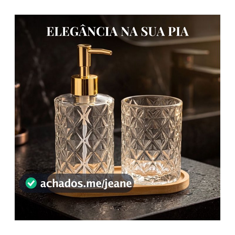 Kit Banheiro Lavabo 3 Peças Vidro Dispenser Sabonete Líquido 345ml Porta Escova Bandeja de Bambu