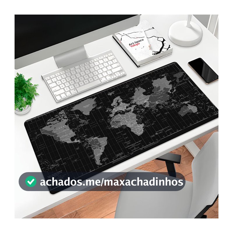 Mousepad Gamer P/ Desktop Estampa Mapa Mundi 70X35CM Preto
