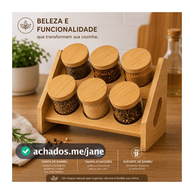 Kit 6 Porta Temperos Condimentos Hermético com Suporte de Bambu Potes Tempero Tampa Organizador para Cozinha
