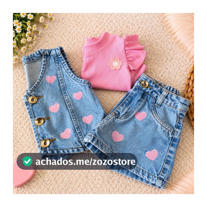 Conjunto Jeans Infantil 3 peças Menina Luxo Tendência Blogueirinha Cerejinha, Coração, Laços, Flores