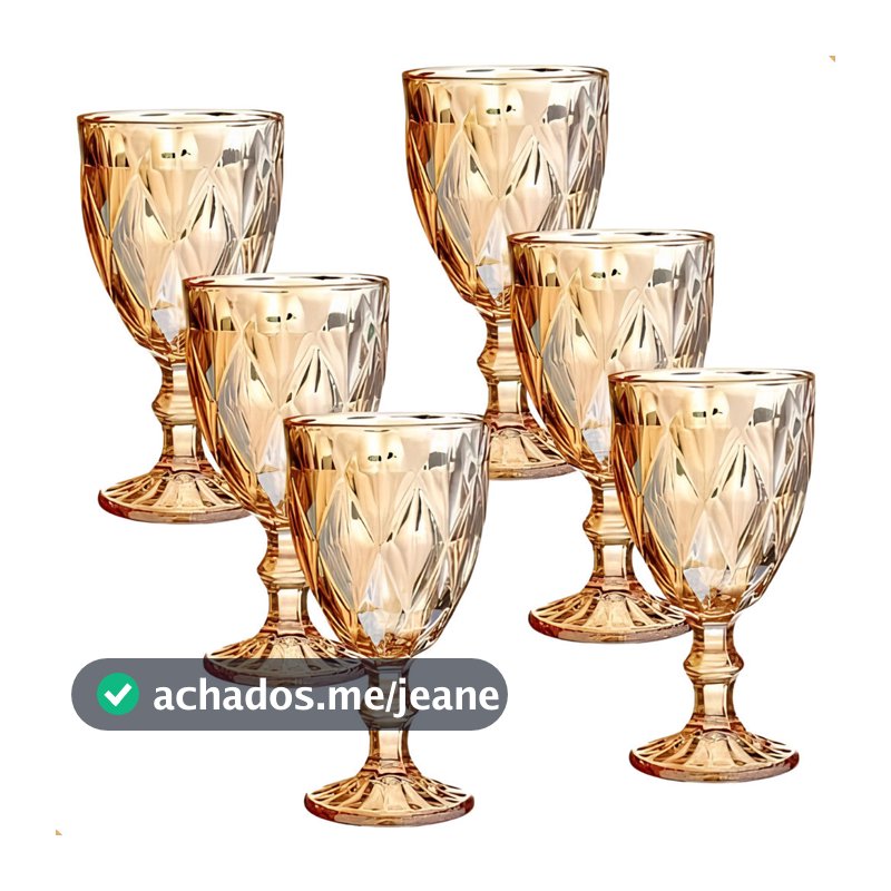 Jogo de 6 Taças de Vidro Diamond Transparente Ambar Furta Cor Verde Azul Fume Bico De Jaca 330ml