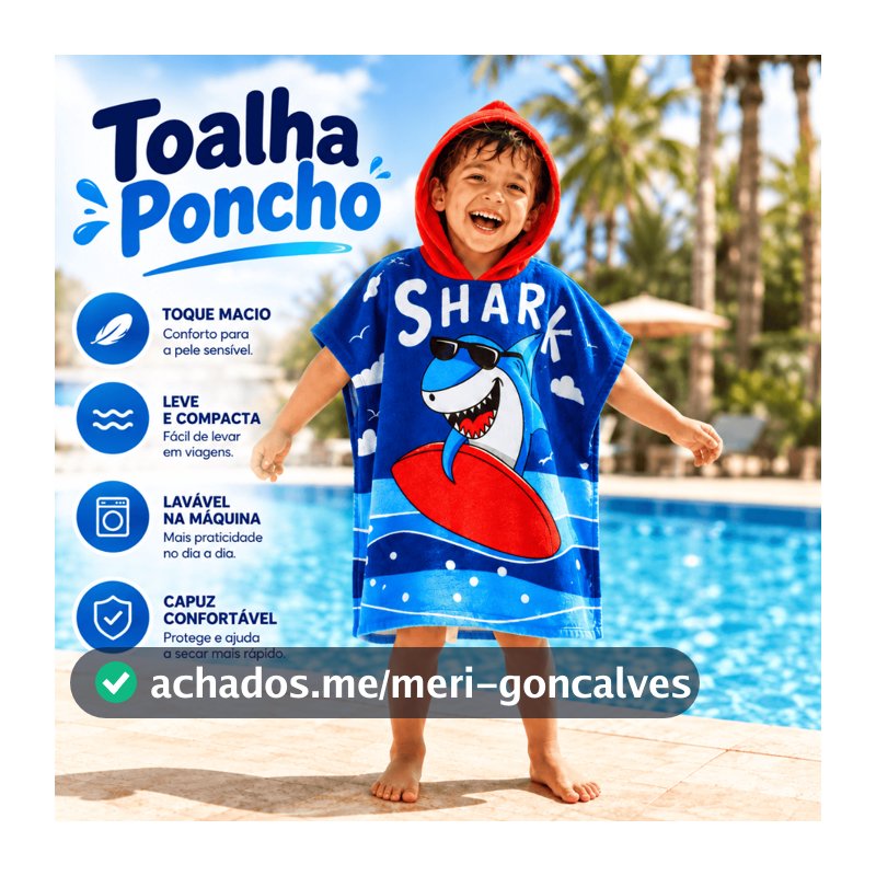 Toalha Roupão Infantil para Piscina Praia com Capuz | Poncho Menino Menina Sereia Tubarão Unicórnio
