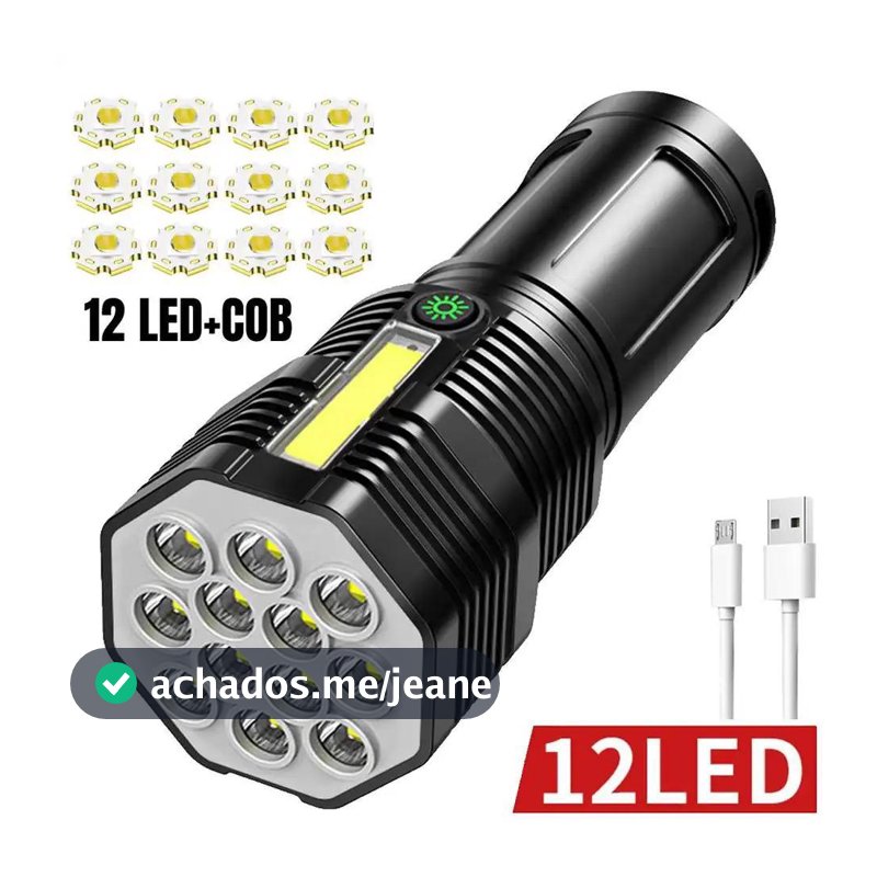 Lanterna LED Recarregável USB 12 LEDs Alta Potência com Luz COB Lateral Longo Alcance para Camping, Pesca, Carro MT183