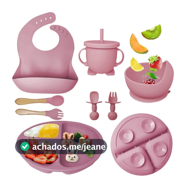 Kit Refeição Bebê Silicone 8 Peças Talheres Infantil Comida Introdução Alimentar Pronta Entrega